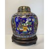 VASO CINESE GINGER JAR CLOISONNE SMALTO POLICROMO DECORO FLOREALE BASE LEGNO