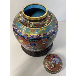 VASO CINESE GINGER JAR CLOISONNE SMALTO POLICROMO DECORO FLOREALE BASE LEGNO
