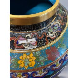 VASO CINESE GINGER JAR CLOISONNE SMALTO POLICROMO DECORO FLOREALE BASE LEGNO