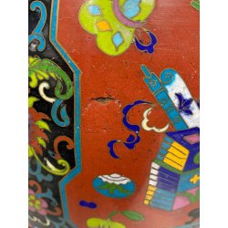 VASO CINESE GINGER JAR CLOISONNE SMALTO POLICROMO DECORO FLOREALE BASE LEGNO