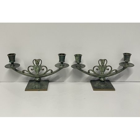 ANTICA COPPIA CANDELIERI CANDELABRO ART NOUVEAU PORTACANDELE BRONZO EPOCA 900