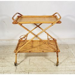 CARRELLO BAR DESIGN VIMINI BAMBÙ PORTAVIVANDE ANNI 60 CARRELLINO ROTELLE