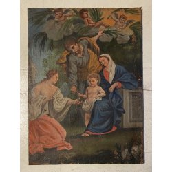 ANTICO GRANDE DIPINTO OLIO Sacra Famiglia Angeli OFFERENTI RELIGIOSO XVII/XVIII