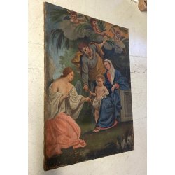 ANTICO GRANDE DIPINTO OLIO Sacra Famiglia Angeli OFFERENTI RELIGIOSO XVII/XVIII