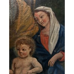 ANTICO GRANDE DIPINTO OLIO Sacra Famiglia Angeli OFFERENTI RELIGIOSO XVII/XVIII