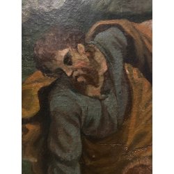 ANTICO GRANDE DIPINTO OLIO Sacra Famiglia Angeli OFFERENTI RELIGIOSO XVII/XVIII