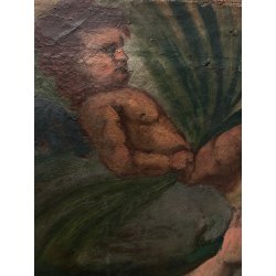 ANTICO GRANDE DIPINTO OLIO Sacra Famiglia Angeli OFFERENTI RELIGIOSO XVII/XVIII