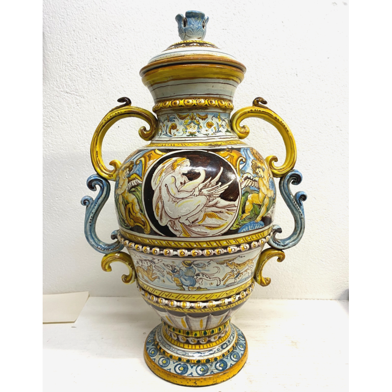 ANTICO VASO BIANSATO COPERCHIO MAIOLICA ISTORIATA FIGURE MITOLOGICHE 53cm/h '900