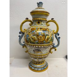 ANTICO VASO BIANSATO COPERCHIO MAIOLICA ISTORIATA FIGURE MITOLOGICHE 53cm/h '900