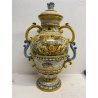 ANTICO VASO BIANSATO COPERCHIO MAIOLICA ISTORIATA FIGURE MITOLOGICHE 53cm/h '900