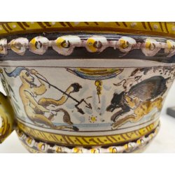 ANTICO VASO BIANSATO COPERCHIO MAIOLICA ISTORIATA FIGURE MITOLOGICHE 53cm/h '900