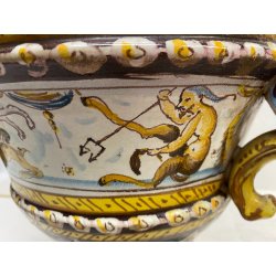 ANTICO VASO BIANSATO COPERCHIO MAIOLICA ISTORIATA FIGURE MITOLOGICHE 53cm/h '900