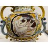 ANTICO VASO BIANSATO COPERCHIO MAIOLICA ISTORIATA FIGURE MITOLOGICHE 53cm/h '900