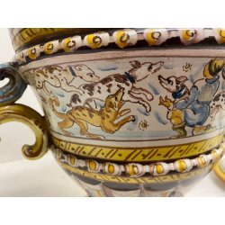 ANTICO VASO BIANSATO COPERCHIO MAIOLICA ISTORIATA FIGURE MITOLOGICHE 53cm/h '900