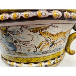 ANTICO VASO BIANSATO COPERCHIO MAIOLICA ISTORIATA FIGURE MITOLOGICHE 53cm/h '900