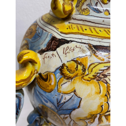 ANTICO VASO BIANSATO COPERCHIO MAIOLICA ISTORIATA FIGURE MITOLOGICHE 53cm/h '900