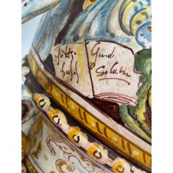 ANTICO VASO BIANSATO COPERCHIO MAIOLICA ISTORIATA FIGURE MITOLOGICHE 53cm/h '900