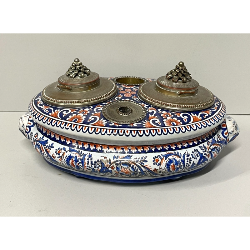 ANTICO CALAMAIO PORTA PEN TERRACOTTA POLICROMA Desvres Fourmaintraux FRANCE '900