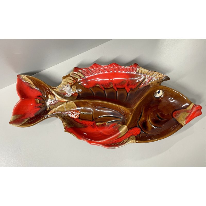GRANDE VASSOIO CERAMICA SMALTATA firmato VALLARIUS pesce PIATTO centrotavola