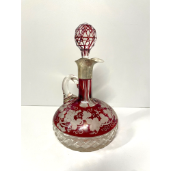 ANTICA BOTTIGLIA CRISTALLO Boemia ROSSA PUNZONATA ARGENTO 800 PORTA LIQUORI VINO