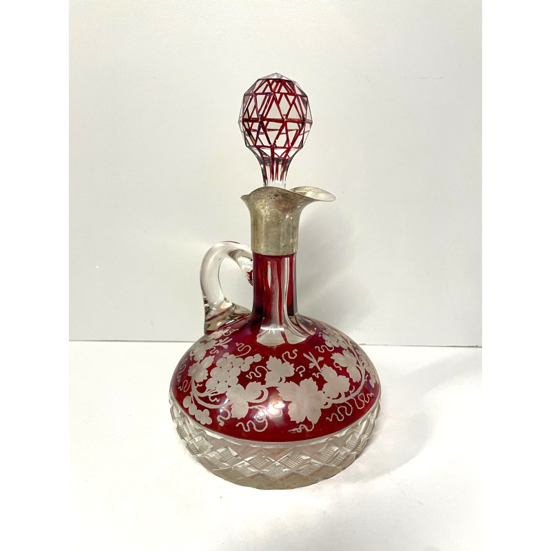 ANTICA BOTTIGLIA CRISTALLO Boemia ROSSA PUNZONATA ARGENTO 800 PORTA LIQUORI VINO