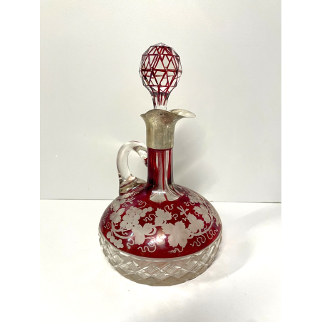 ANTICA BOTTIGLIA CRISTALLO Boemia ROSSA PUNZONATA ARGENTO 800 PORTA LIQUORI VINO