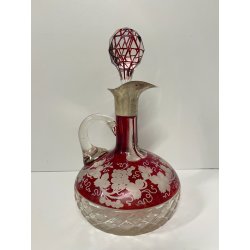 ANTICA BOTTIGLIA CRISTALLO Boemia ROSSA PUNZONATA ARGENTO 800 PORTA LIQUORI VINO