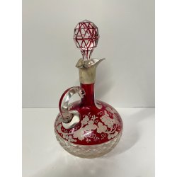 ANTICA BOTTIGLIA CRISTALLO Boemia ROSSA PUNZONATA ARGENTO 800 PORTA LIQUORI VINO