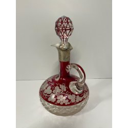 ANTICA BOTTIGLIA CRISTALLO Boemia ROSSA PUNZONATA ARGENTO 800 PORTA LIQUORI VINO