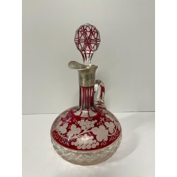 ANTICA BOTTIGLIA CRISTALLO Boemia ROSSA PUNZONATA ARGENTO 800 PORTA LIQUORI VINO