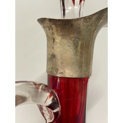 ANTICA BOTTIGLIA CRISTALLO Boemia ROSSA PUNZONATA ARGENTO 800 PORTA LIQUORI VINO