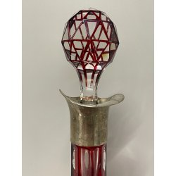 ANTICA BOTTIGLIA CRISTALLO Boemia ROSSA PUNZONATA ARGENTO 800 PORTA LIQUORI VINO