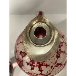 ANTICA BOTTIGLIA CRISTALLO Boemia ROSSA PUNZONATA ARGENTO 800 PORTA LIQUORI VINO