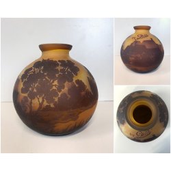 ANTICO VASO VETRO STILE Gallé CAMMEO GLASS PAESAGGIO FORESTA ARTNOUVEAU ø 18cm