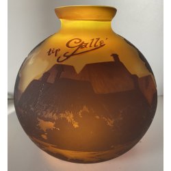 ANTICO VASO VETRO STILE Gallé CAMMEO GLASS PAESAGGIO FORESTA ARTNOUVEAU ø 18cm