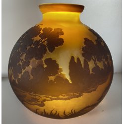 ANTICO VASO VETRO STILE Gallé CAMMEO GLASS PAESAGGIO FORESTA ARTNOUVEAU ø 18cm