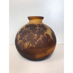 ANTICO VASO VETRO STILE Gallé CAMMEO GLASS PAESAGGIO FORESTA ARTNOUVEAU ø 18cm