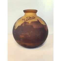 ANTICO VASO VETRO STILE Gallé CAMMEO GLASS PAESAGGIO FORESTA ARTNOUVEAU ø 18cm