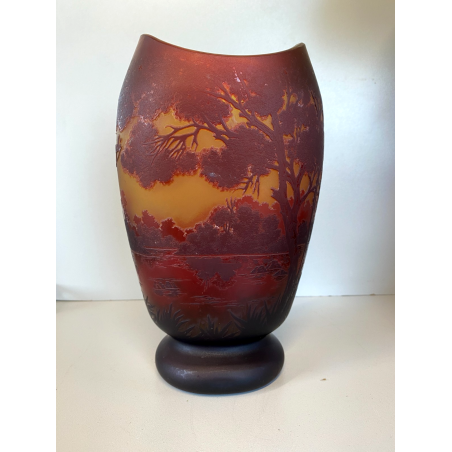 ANTICO VASO VETRO CAMMEO GLASS PAESAGGIO FORESTA ART NOUVEAU STILE Gallé ø 22 cm