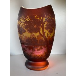 ANTICO VASO VETRO CAMMEO GLASS PAESAGGIO FORESTA ART NOUVEAU STILE Gallé ø 22 cm