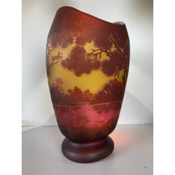 ANTICO VASO VETRO CAMMEO GLASS PAESAGGIO FORESTA ART NOUVEAU STILE Gallé ø 22 cm