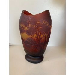 ANTICO VASO VETRO CAMMEO GLASS PAESAGGIO FORESTA ART NOUVEAU STILE Gallé ø 22 cm