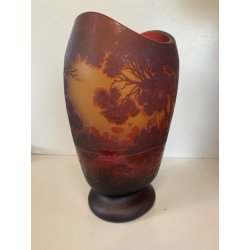 ANTICO VASO VETRO CAMMEO GLASS PAESAGGIO FORESTA ART NOUVEAU STILE Gallé ø 22 cm