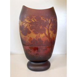 ANTICO VASO VETRO CAMMEO GLASS PAESAGGIO FORESTA ART NOUVEAU STILE Gallé ø 22 cm