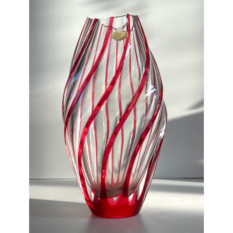 VASO CRISTALLO NACHTMANN PORTA FIORI TRASPARENDE DECORO RIGHE ROSSE EPOCA '900