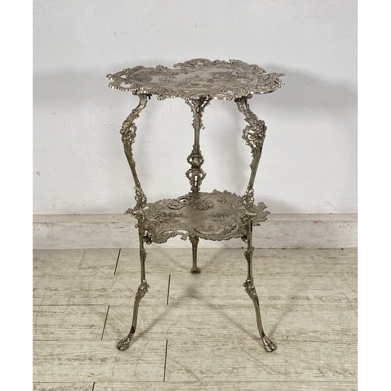 ANTICO TAVOLINO GHISA FERRO DUE RIPIANI SMALL TABLE SALOTTO FUMO ARGENTATO 1900