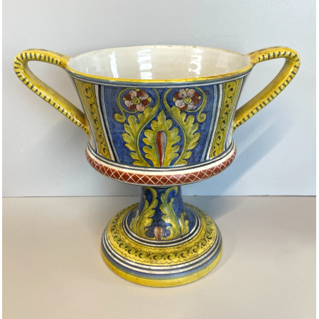 ANTICO VASO DERUTA ITALY CERAMICA COPPA ALZATA PORTAFIORI DECORO FIORENTINO 1900