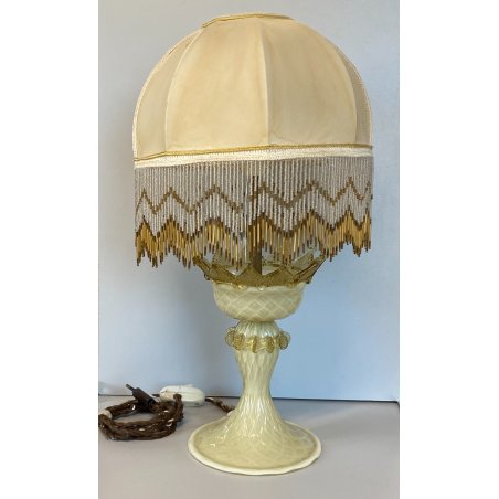 LAMPADA ABATJOUR VETRO MURANO VENEZIANO BEIGE PARALUME FRANGE STILE ART NOUVEAU