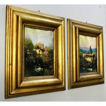 COPPIA ANTICO QUADRO DIPINTO OLIO A.Franzoni PAESAGGIO RURALE BAITA MILANO COMO