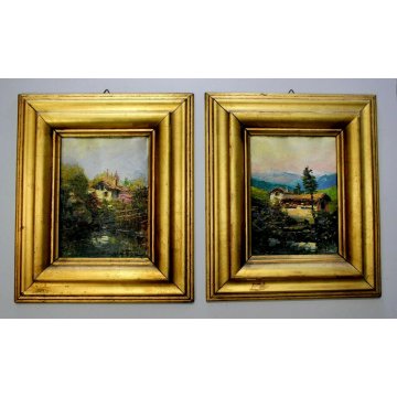 COPPIA ANTICO QUADRO DIPINTO OLIO A.Franzoni PAESAGGIO RURALE BAITA MILANO COMO